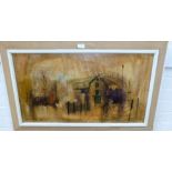 Spence 68: oil on canvas, abstract street scene, 31½" x 17½" approx, framed