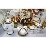 A Wedgwood gilt and blue floral 10 piece part coffee set; an Imari pattern 3 piece tea set; etc.