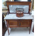 An Edwardian Sheraton style mahogany washstand with satinwood crossbanding, marble top and back