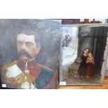 19th Century oil: 2 children selling flowers, unsigned, unframed; a half-length portrait of a