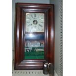 A 19th century American figured mahogany wall clock with painted dial and door, and 30 hour striking