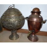 An Indian large pierced brass incense burner; a copper samovar