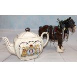 A Beswick shire horse with collar and tack; a QEII Coronation teapot