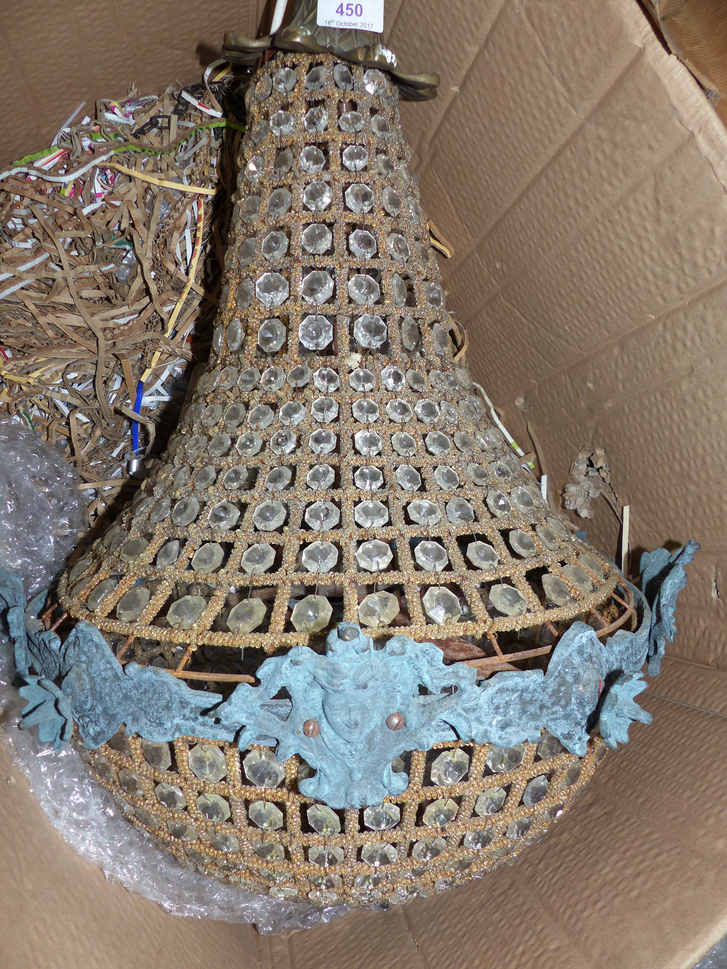 A 1950's multi crystal chandelier, bronzed mounts, 23"; another smaller