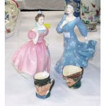 A Royal Doulton figure: Camellia HN 2222; 2 Royal Doulton small character jugs: Dick Turpin and Mr