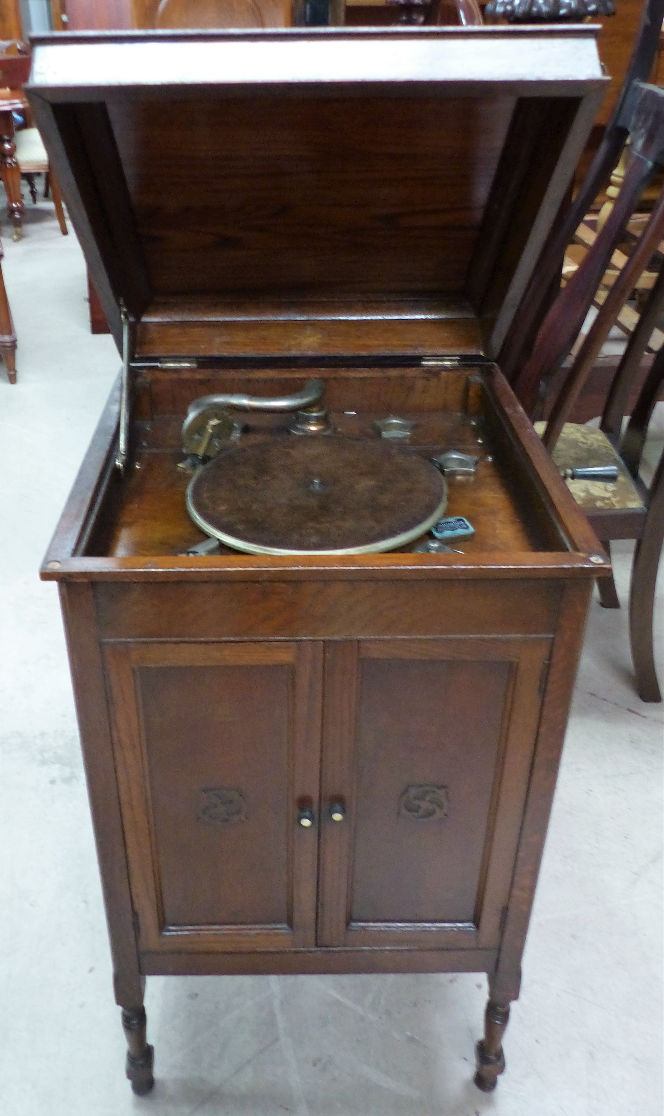 An oak floor standing windup record player with extra needles - Image 2 of 2