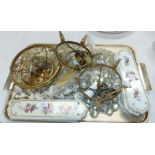 Three gilt metal chandelier fittings with glass drops; a selection of floral door plates; knobs;