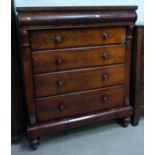 A large Victorian figured mahogany chest of 4 long and 1 pulvinated frieze drawers
