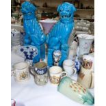 A pair of modern turquoise temple dogs and decorative china