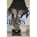 A dusted gilt metal table lamp in the form of a branch with birds, 31"