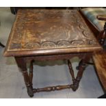 An oak square occasional table with carved decoration and turned legs