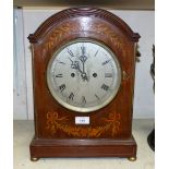 A late 19th century mahogany cased mantel clock with inlaid decoration, 8 day twin fusee movement