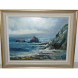 British 20th Century: oil on board, yachts off rocky coastline, signed, 10½" x 14", framed