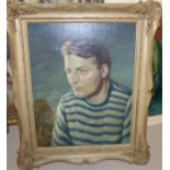 Arthur Mills: a portrait oil on canvas of a man in striped pullover, signed, 20" x 16", framed