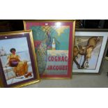 A reproduction advertising poster for Cognac Jacquet; 2 framed prints