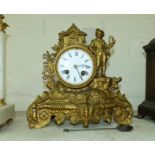 A 19th century gilt spelter mantel clock with 18th century figure, French striking drum movement