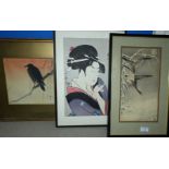 Two Japanese woodblock prints depicting birds; another of a female