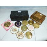An Indian ebony box; a box of costume jewellery; a selection of powder compacts; etc.