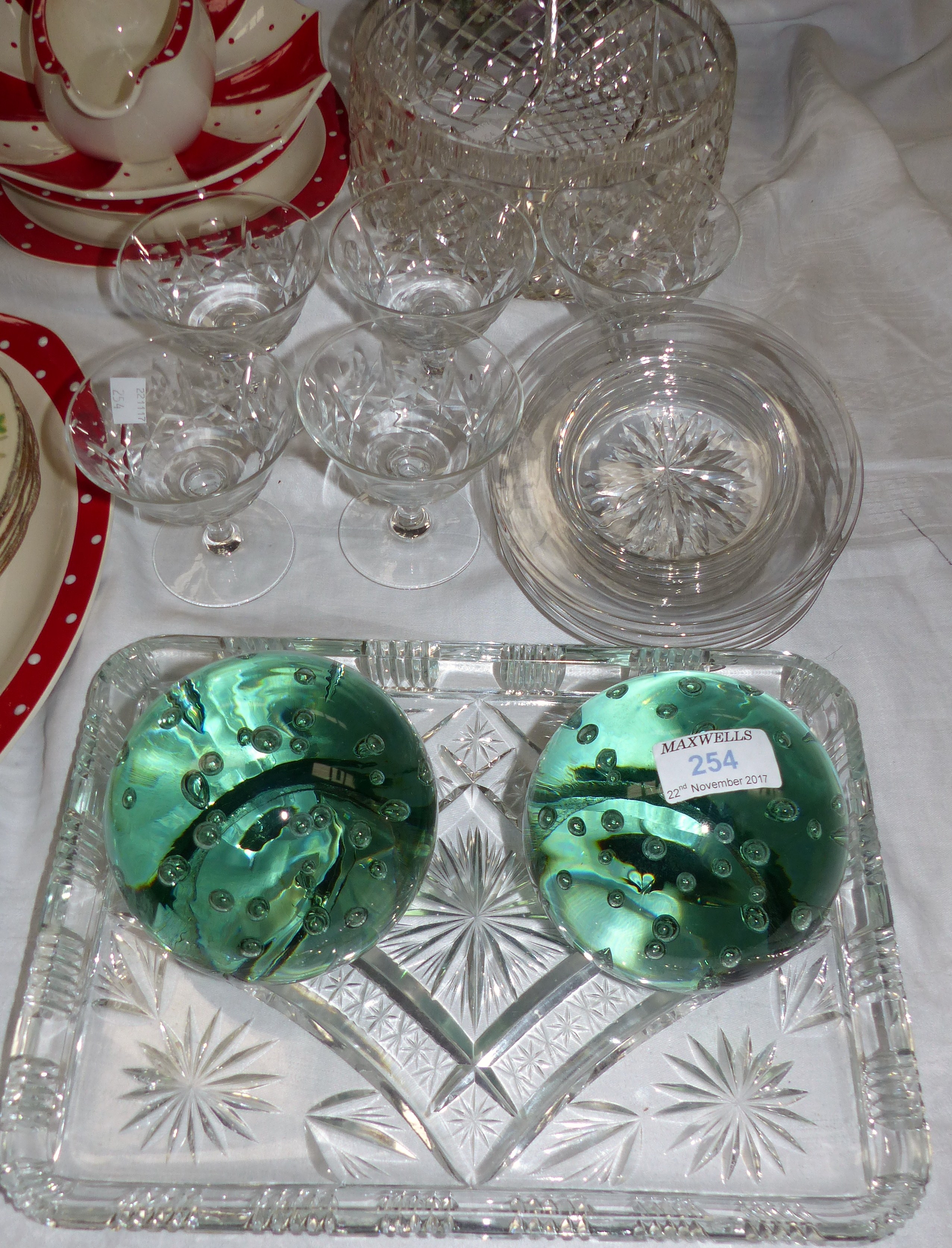 A pair of Victorian glass dumpies and glassware