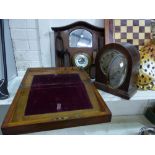 A 19th century lap desk; a barometer/brush rack; a mantel clock