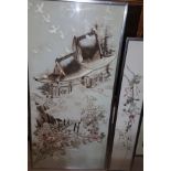 An oriental large embroidered silk picture: pagoda in garden; 3 similar smaller pictures