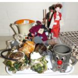 An Art Deco mug; a shell teapot and jug; Wade whimsies; costume dolls; silver plate; etc.