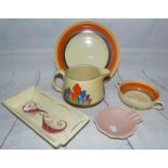 A Clarice Cliff crocus pattern jug; 3 other pieces of Clarice Cliff; a Susie Cooper jug