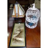 A Tiffany style lamp, another lamp, a decorative 'bird cage',3 glass baubles, etc