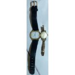 An Omega wristwatch on 9 carat gold expanding strap; a ladies Omega quartz wristwatch on 9 carat