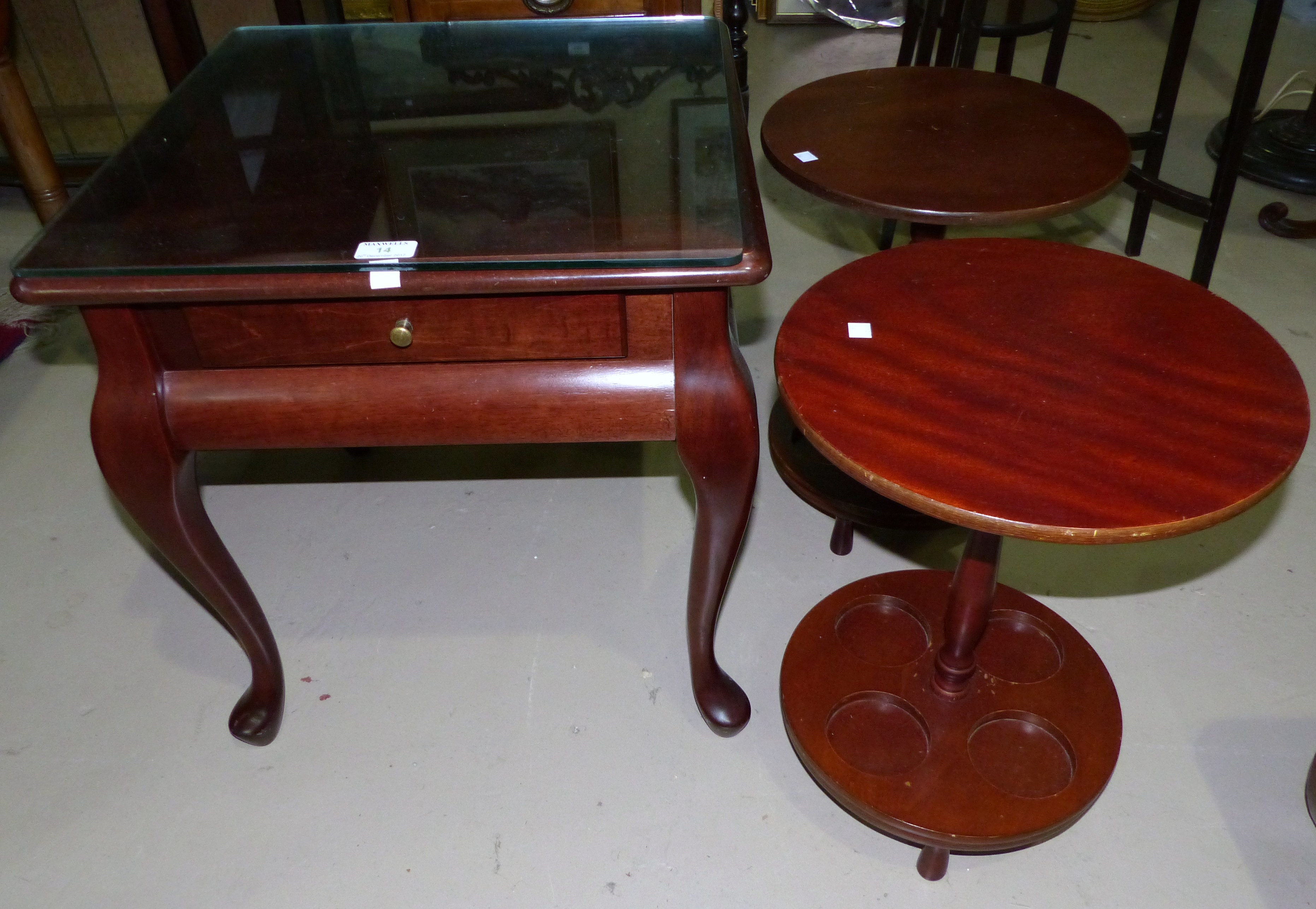 A mahogany square top occasional table with drawer; 2 reproduction pedestal occasional tables