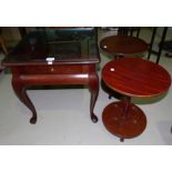 A mahogany square top occasional table with drawer; 2 reproduction pedestal occasional tables