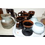 Two grey glazed studio pottery vases by C D Nowell Disley/Prestbury; a grey/brown ribbed coffee