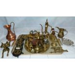 A brass fox door knocker; various brass and metalware; silver plated goblets; etc.