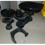 Two sets of 19th century kitchen scales and weights; a cobblers' last