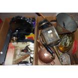 An old coach lamp; a copper measure; a kettle; a brass trivet; other metalware and collectables