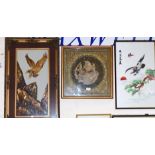 An oriental needlework picture; a gilt relief picture of a hawk; a collage of birds on a branch