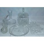 A German cut glass punch set with covered bowl, 6 cups and plate; a German wine carafe; etc.