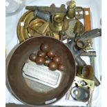 A wooden table bowls set; a selection of brass and other metalware