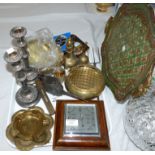 A cased set of sovereign scales; 5 graduating bell weights; ornamental metalware; a barometer;