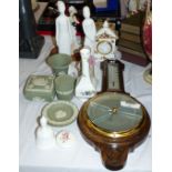 A barometer; a clock; a Royal Albert Country Roses clock; Jasperware; 2 Spode figures (1 a.f.)