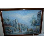 Oil on board: Parisian scene, 32" x 40, signed indistinctly