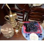 A selection of brassware, carved figures, decorative items etc