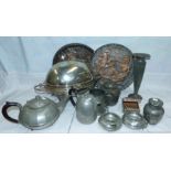 A silver plated breakfast dish with swivel dome top; various items of pewter