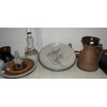 A stoneware studio pottery conical jug with glazed rim, possibly David Lloyd Jones, height 9"; a