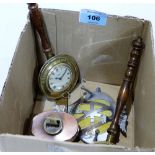 Two novelty Smiths watch warming pan clocks, an AA badge and a small copper oil lamp