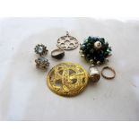 Costume jewellery to comprise a pair of marcasite blue stone earrings, a yellow metal dragon brooch,