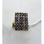 A tanzanite and diamond set ring with 35 stones in an oblong setting. In gold marked 375. Size L