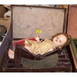 A case of sundries to include a pair of leather motoring gauntlets, vintage doll, acetylene cycle