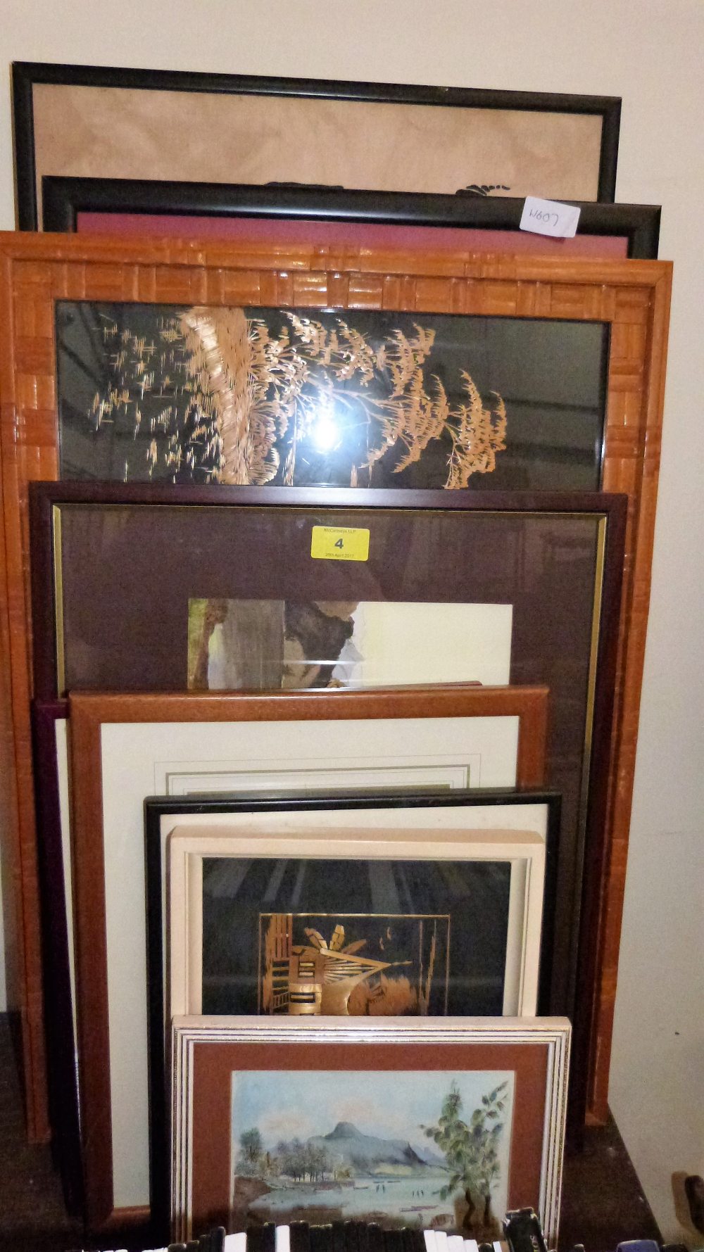 Various pictures including a watercolour, woodblock print etc.