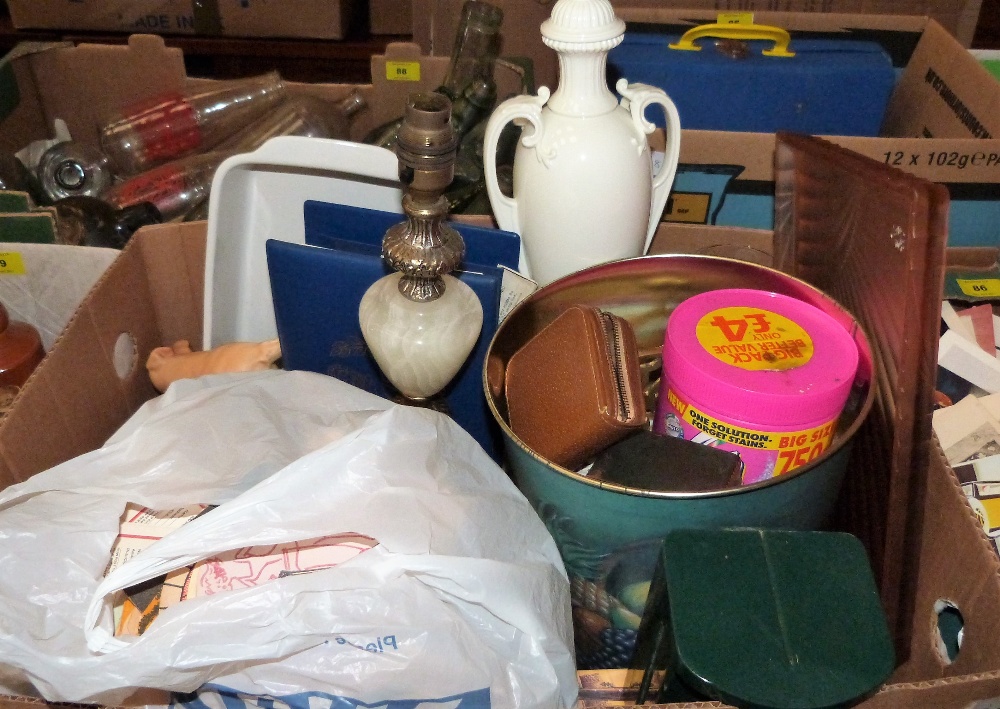 A box of sundries to include a Royal Worcester white glazed table lamp